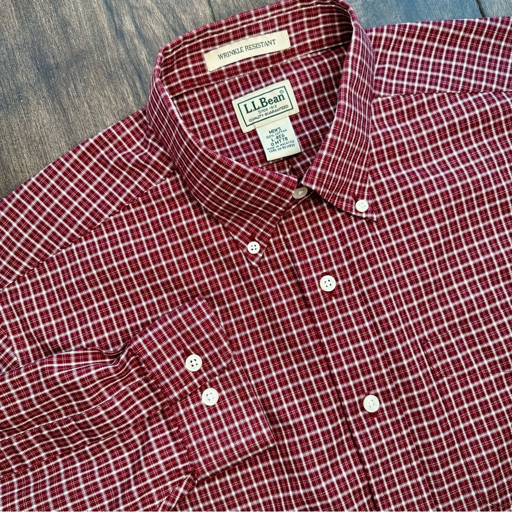 L.L.Bean Red Plaid Button Down - Size: L - Reg - Wrinkle Resistant - 100% Cotton